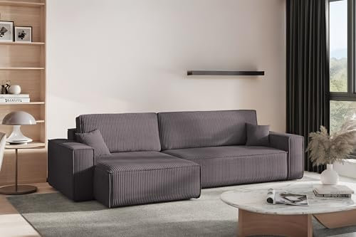 Kaiser Möbel - Ecksofa mit Schlaffunktion und Bettkasten, Schlafsofa mit Bettzeugbehälter, Wohnlandschaft L-Form, Klappsofa, Cord Stoff, Bequemes Couch für Wohnzimmer, Best XL, Dunkelgrau, Links