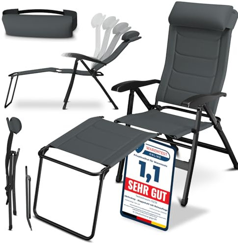 ELONEO Campingstuhl faltbar mit Abnehmbarer Beinauflage, Klappstuhl gepolstert aus Aluminium, Gartenstuhl klappbar, Liegestuhl mit Verstellbarer Rückenlehne, Camping Chair grau gepolstert