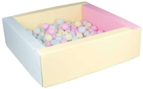 Velinda Piscine à balles carrée avec 200 balles, Cuir écologique, 5 éléments (Couleur de la Piscine/de balles: Rose, Bleu, Jaune (Pastel)/Rose, Bleu, Jaune (Pastel))