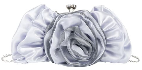 MEGAUK Borsa da donna elegante con fiori e pochette in raso, borsa a tracolla con catena, design Kisslock, Argento 08438