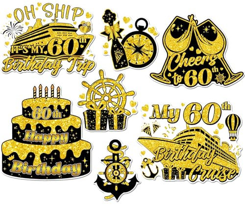 Cruise Door Magnets Decorations, 7PCS 60th Birthday Gold & Black Cruise Magnets, Cruising Essentials Reusable Magnetic Ship Cabin Door Signs Fridge Decor