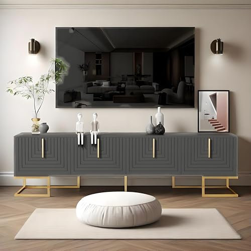 LANTRO JS Fehenseher Schrank, TV Lowboard mit Strukturierter Tür, TV Schrank mit Goldene Griffe und Füße, TV Möbel mit Schubladen, 170x40x45.5cm, Schwarzer und Grauer