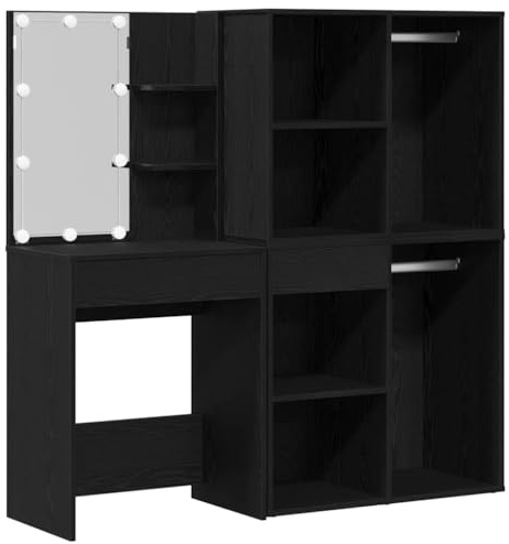 vidaXL LED Schminktisch Set Schwarz Eichen-Optik 140 x 40 x 140 cm, Moderner Schminktisch, robuster Makeup-Tisch mit LED, ideal für Dein Schlafzimmer und Stauraum