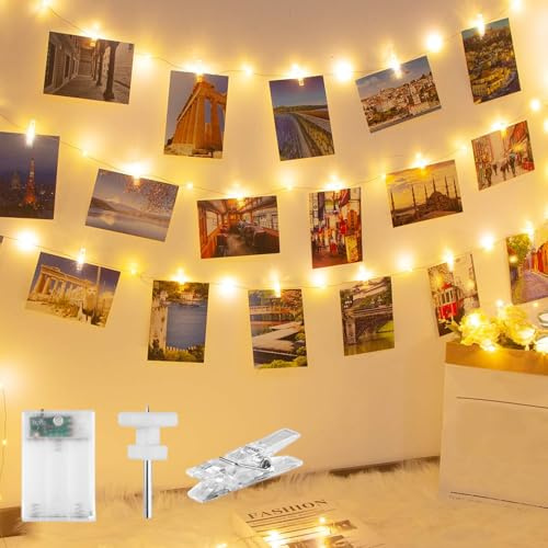 FerraDrend Luci Per Foto 10M 100 LED Catena Luminosa a LED con Mollette 60 Clip, Luci LED a Batteria per Parete, Lucine Led Decorative a Batteria per Camera Natale Feste Matrimonio Compleanni