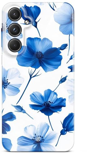 ONEFLOW Flower Cover für Samsung Galaxy A55 5G Hülle in Floral Optik, Blumen Designer Case Handy Schutzhülle mit Kameraschutz, Hardcase dünne Handyhülle Blumenmuster, Blau Weiß