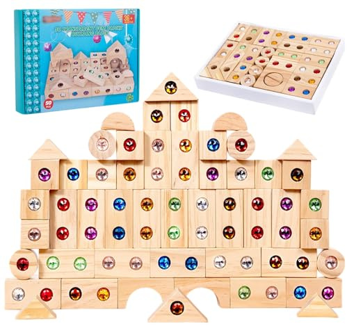 SGZIOO Bausteine Holz Stapelspielzeug, Regenbogen-Stapelspielzeug Aus Holz, 50stk Sensorik Bausteine, Holzbausteine Mit Acryl Edelstein, Für Kinder Ab 3 Jahren