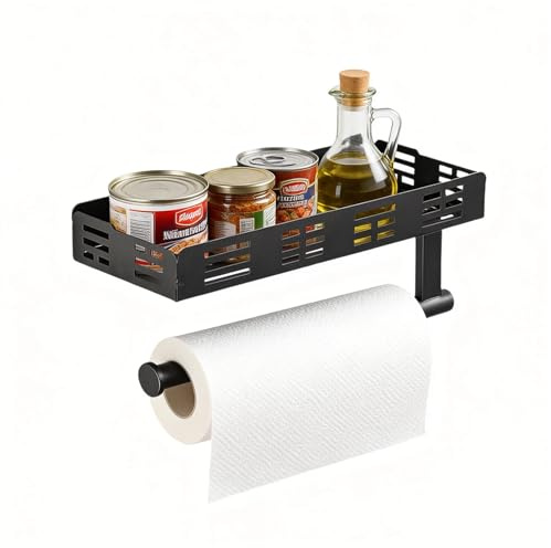 Zuxbolf Gewürzregal Wand mit Küchenrollenhalter und 2 Haken Küchenpapierhalter Gewürz Organizer Küchenregal Ohne Bohren Wandregal Hängend Gewürzständer Klopapierhalter für Küchen und Badezimmer