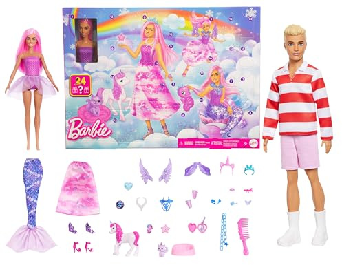 Barbie Adventskalender 2025, inkl. Puppe + Blonde Ken-Puppe (Nr. 241) = Set - Barbie Fantasy-Adventskalender für Mädchen & Ken in rot-weiß gestreiftem Oberteil - Adventskalender Bundle