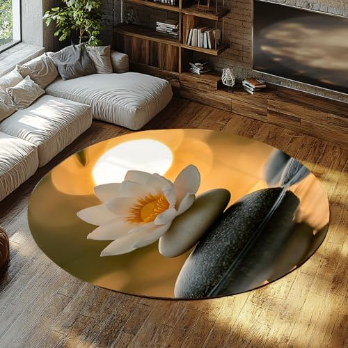 UERWOWELL Minimalistisches Stillleben 90cmRunde Teppiche White Lotus & Stones Wasserreflexionsdesign Tiefflor-Teppich leicht zu reinigen für Küchenmatten