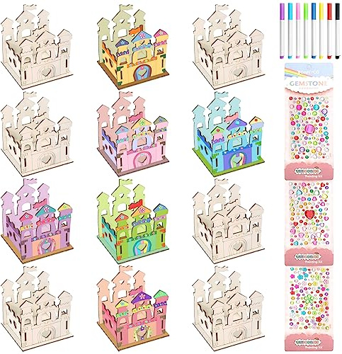 TOPJOWGA Prinzessin Holzschloss Bastelset, 23PCS Prinzessin Bemalen Handwerk, Bastelset Mädchen, Holz zum Basteln, Holzschloss zum Bemalen für DIY Malen Dekoration