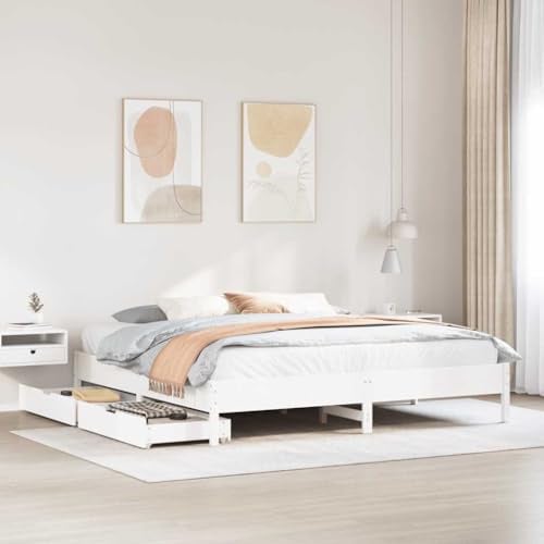 Ordellia Massivholzbett Weiß 180x200 cm, Kiefernholz Bettrahmen mit Lattenrost und 2 Schubladen, Robustes Plattformbett für Schlafzimmer