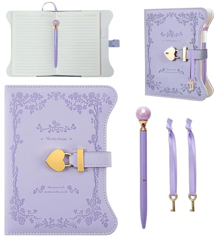 MeYuxg Tagebuch mit Schloss und Schlüssel für Mädchen, 360 Seiten Süßes Tagebuch mit Kugelschreiber, PU Leder mit Geprägter Blume Schreiben Reisetagebuch, Nachfüllbares B6 Geheimnis-Notizbuch (Lila)