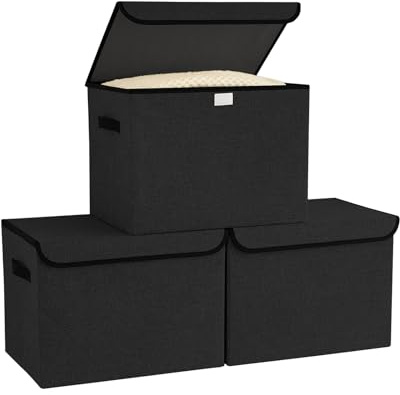 Bagnizer Medium Collapsible Storage Baskets Foldable with Lids 3PCS | Wardrobe Storage Boxes Lightweight Storage Box Fabric for Organize Large Box Bedroom Office Black 37x24x24CM