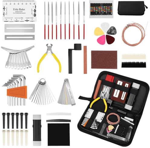 QWORK® Kit Riparazione Chitarra 72 Pezzi – Set Completo Manutenzione per Cambio Corde, Setup e Pulizia di Chitarra Acustica, Elettrica, Basso e Ukulele con Borsa per Attrezzi e Accessori Liuteria