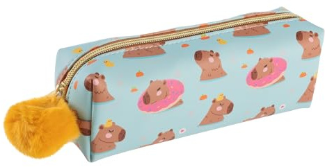 Idena 20221 - Schlamperetui Fluffy Capybara mit Pompon Reißverschluss, ca. 20,5 x 6 x 7 cm großes Federmäppchen in Blau-Gelb