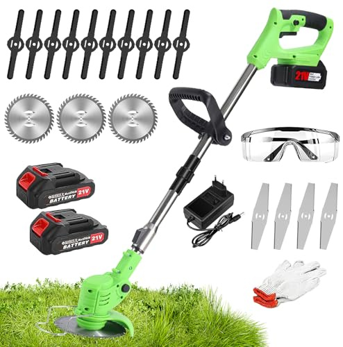 Coupe Bordure sans Fil,Debroussailleuse Electrique sans Fil,Debroussailleuse avec 2 Batteries Et Un Chargeur,Poignée Réglable,4 Types Lames Efficace pour Jardin Pelouse et Désherbage Facile (Vert)