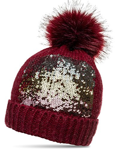 Caspar MU169 Damen Strick Winter Mütze mit Pailletten Dekor und großem Kunstfellbommel, Farbe:weinrot, Größe:One Size