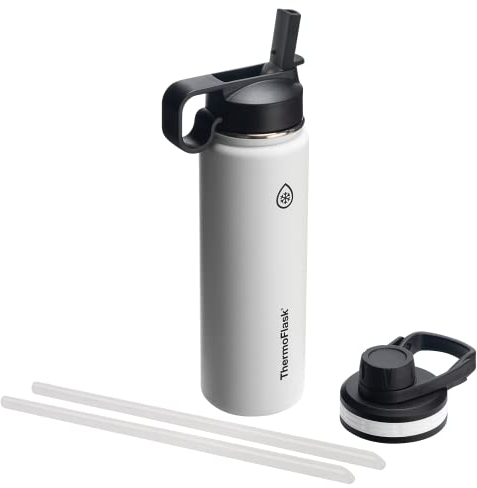 Thermoflask 24 oz Double Wall Vacuum Insulated Stainless Steel Water Bottle with Spout and Straw Lids, White