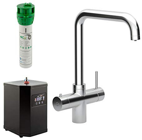 Bronte 3-in-1 Squared Instant Boiling Water Mixer Tap in Brushed Steel Complete with Digital Tank and Filter