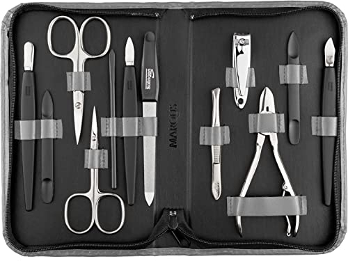 Kit manucure Solingen 12 pcs - kit manucure, coupe ongle, limes a ongles professionnelle, pince a epiler, repousse ongles, pousse cuticule, cuir marron clair