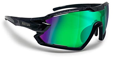 BERTONI Fahrradbrille Sport Sonnenbrille Radbrille MTB mit Sehstärke für Brillenträger mod. QUASAR (Schwartz/Grün Verspiegelt)