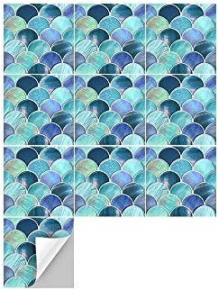 Hiser Adhésive Décorative à Carreaux pour Salle de Bains et Cuisine Stickers Carrelage, 10 Pièces Impression mosaïque 3D Imperméables Auto-adhésifs Décoration (Écailles en Nacre,15 x 15cm)