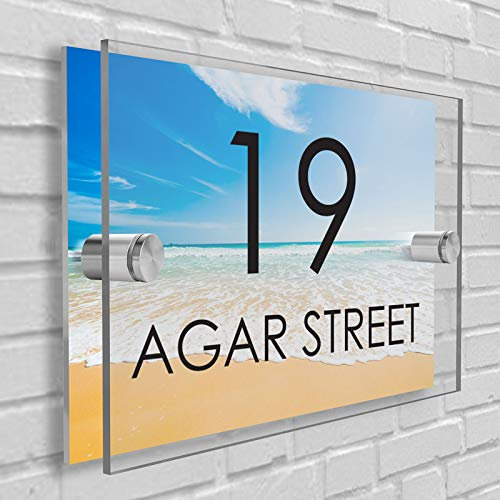 Personalised House Number Plaque in Rectangle shape Glass Effect Acrylic Sign Door Plate Wall Display in Premium Quality 2 Part Acrylic- Choose Your Own Design & Font (Beach Theme)