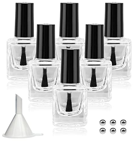 Agidea Leere Nagellackflaschen mit Trichter, leere Fingernagelpoliturflaschen, Glas, rechteckig, mit Pinsel und Mischkugeln, Schwarz, 10 ml, 6 Stück