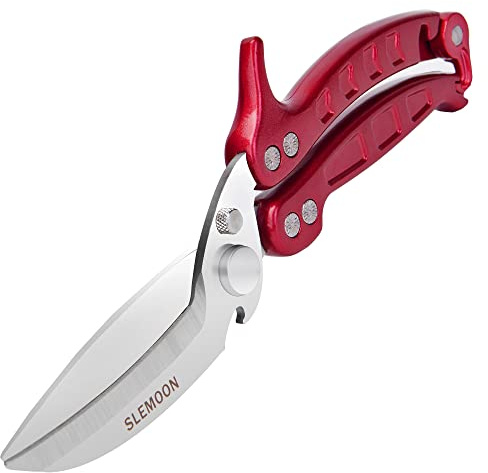 Kitchen Shears, Heavy Duty Spring Loaded Edge Serrated Edge Kitchen Shears, Detachable as a Blade, Multipurpose Stainless Steel Sharp Food Shears for Chicken, Poultry, Fish, Herbs, Burgundy