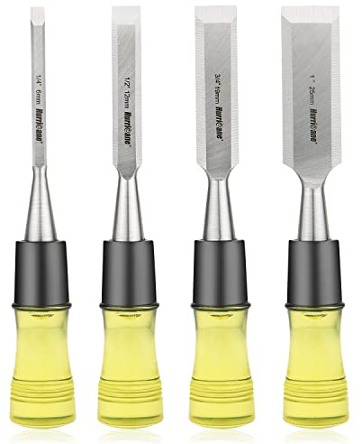 HURRICANE 4 Piece Wood Chisel Set for Woodworking. CR-V Steel Beveled Edge Blades with Safety Caps. Extra Large Grip, Impact-Resistant PVC Handle Chisels (1/4, 1/2, 3/4, 1)