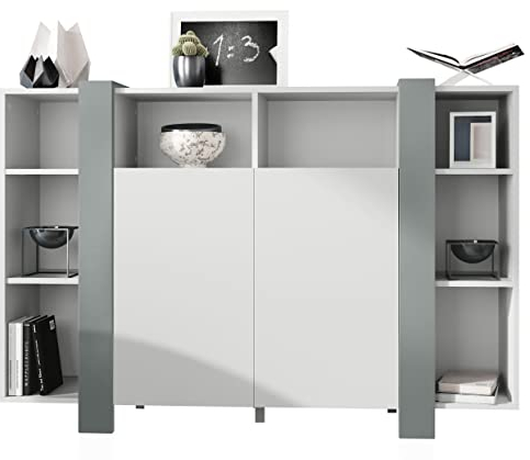 Vladon Highboard Ida, Made in Germany, Anrichte mit 12 Fächern, Korpus in Weiß matt, Blenden in Graphit seidenmatt (149 x 101 x 34 cm) | Große Farbauswahl