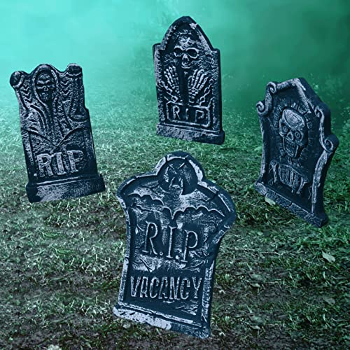 Prextex 4er-Packung Halloween-Dekoration RIP Grabstein aus leichtem Schaumstoff, ideal für Ihre Halloween-Deko für Outdoor, Garten oder Innen, 43cm x 33cm