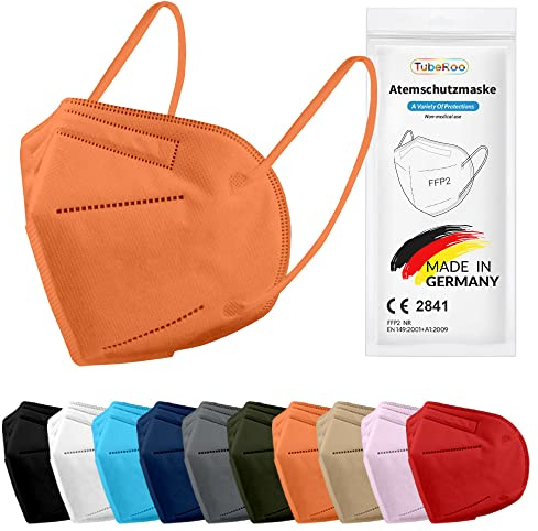 TubeRoo FFP2 Maske orange 5 Stück Masken aus Deutschland, Made in Germany, weiche runde Ohrschlaufen Bänder, Atemschutzmaske, Mundschutz