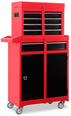 Big Red Werkzeugkiste mit 5 Schubladen, Abnehmbarer Werkzeugschrank aus Metall für Garage und Werkstatt, rot/schwarz, ATBT3426R-RB