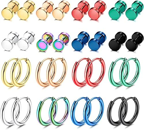 Diamday 16 Paar Ohrringe Set Edelstahl für Damen Herren Creolen Huggie Ohrringe Knorpe Piercings Ohrstecker Hypoallergen Fake Gauge Ohrstecker Ohrringe Set Regenbogen Hoop Ohrschmuck 10MM