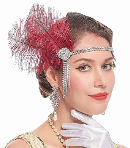 LEEMASING Fascinator für Damen, Retro-Feder, Flapper, Party-Stirnband, Accessoire, Fascinator für Hochzeit, Teeparty, Weinrot