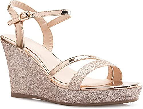 Forever FQ22 Women's Glitter Strappy Wrapped Wedge Heel Platform Sandals, Rose Gold-1, 4 UK