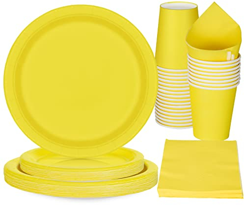 PARTY GO 96 piezas de vajilla para 24 invitados con platos de papel, vasos y servilletas, decoración de cumpleaños amarillo