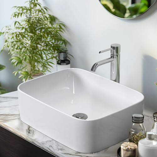 EMKE Lavabo rectangulaire en céramique, 610 x 380 x 150 mm, Vasque à Poser Salle de Bain en céramique, Blanc brillant