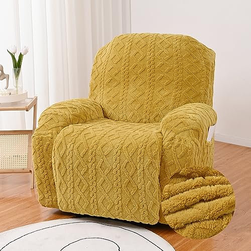 GEBIN Stretchhusse für Relaxsessel Komplett Sesselbezug, Jacquard Plüsch 4/6/8-Teilig Sesselschoner für Recliner Stuhl Sessel, Sofabezug, Bezug für Fernsehsessel Liege (Gold-gelb,3 Sitzer | 8 STK)