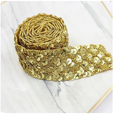 Yurosiay 5 Yard Paillettenborte 3.5cm Breite Glitzer Pailletten Spitzenborte Glänzendes Geflochten Spitzenband Pailletten Dekoband Pailletten Spitze Paillettenband zum Aufnähen Handwerk Gold