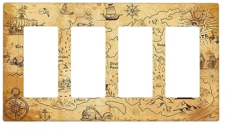 Sghxwp Dekorative Schalterplattenabdeckungen, Piratenschatzkarte, nautisches Inselschiff, Retro, gelb, 4-Gang-Quad-Wippschalter, Dekora, Lichtschalter-Abdeckung, Steckdose, Wandplatte, elektrische