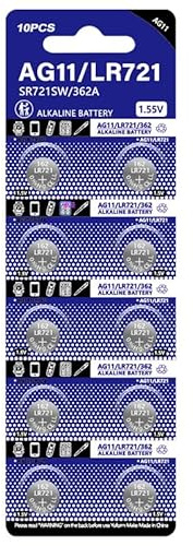 MUNDDY - Pack de 10 Pilas de Boton en Blister AG11 / G11 / LR721 / 162 / SR721W / GP62A / 362 / LR58 / 1,5V, Alkaline