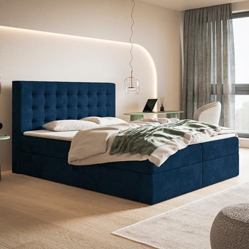 MOTIVENA Costa Boxspringbett 180x200 mit Bettkasten und Topper, Polsterbett 180x200 mit Bettkasten, Bonellfederkern-Matratze (H4), T28 Komfortschaumstoff Topper (H3), Samt, Blau (Dunkelblau)