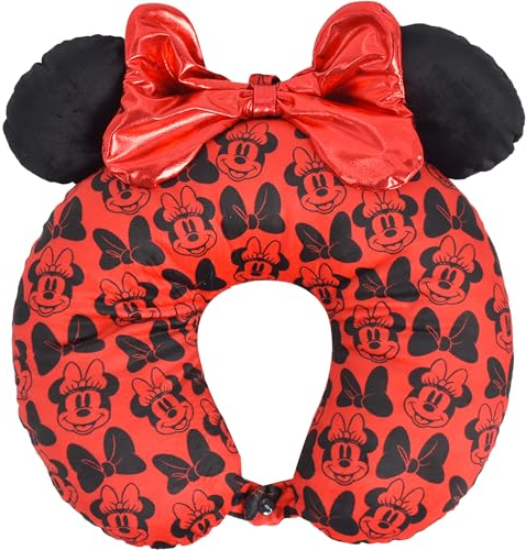 Ful Concept One Disney Minnie Mouse Reise-Nackenkissen mit 3D-Ohren und Schleife für Flugzeug, Auto und Büro, bequem und atmungsaktiv, rot/schwarz