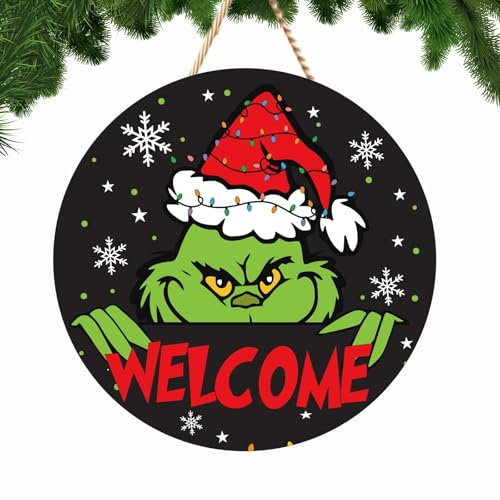 Cartello di benvenuto in legno natalizio da appendere grinch cartello in legno per porta d'ingresso grinch di Natale cartello da appendere in legno gancio per porta di Natale decorazione natalizia per