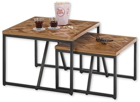 LOLA Beistelltisch 2er Set, Teak-Holz recycelt - Hochwertiges Couchtisch Set mit schwarzem Metallgestell - 60 x 45 x 60 cm (B/H/T)
