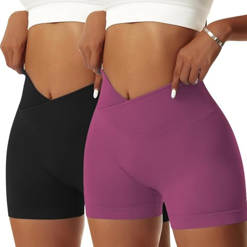 Vertvie Damen Gym Shorts V Cross Stretch Push Up Yoga Shorts Booty Scrunch Fitness Hosen Kurz High Waist Nahtlos Workout Sportshorts Butt Lift Kurze Leggings Sommer (Schwarz/Maulbeeren Lila, M)