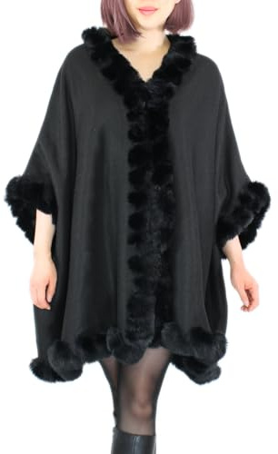 dy_mode Damen Poncho Umhang Mantel Jacke mit Innenfutter und Kunstfell in Unifarben und Meliert - PN003 (DE/NL/SE/PL, Numerisch, 38, 42, Regular, Regular, PN003-Schwarz)