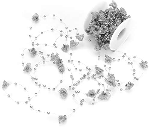 Rosen- und Perlenschnur, 10 M/Rolle, Perlenbesatz, Kette, Girlandenband, Rosenblumenschnur für Weihnachtsbaum, Hochzeitsdekoration, DIY-Kunsthandwerk(Silber)